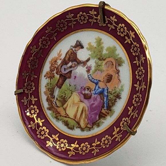 Limoges France Vintage Porcelain Cranberry Gold Gilt Romance Couple Mini Plate - Picture 5 of 6